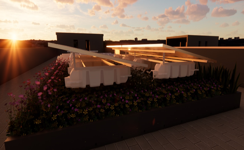 Fig 2. Drawing of site view of Solar-Blue- Green Roof top at SP Block T20. Water is maintained at Versitank Tray and absorbed by the plants through capillary wicks of geotextile membrane. Additional water tanks are installed to support irrigation purpose.