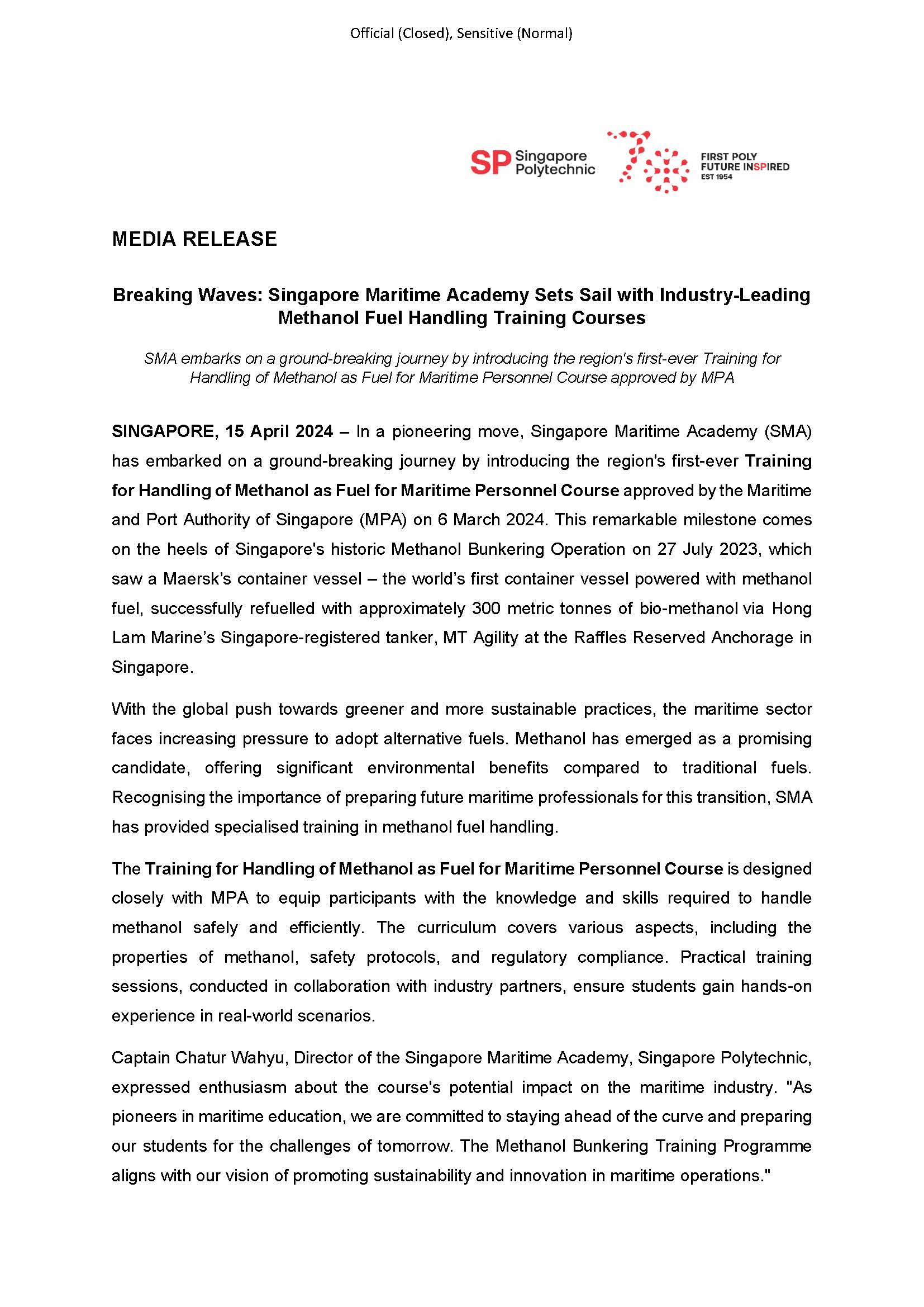 Singapore Maritime Academy Sets Sail with Industry-Leading Methanol Fuel Handling Training Courses_1