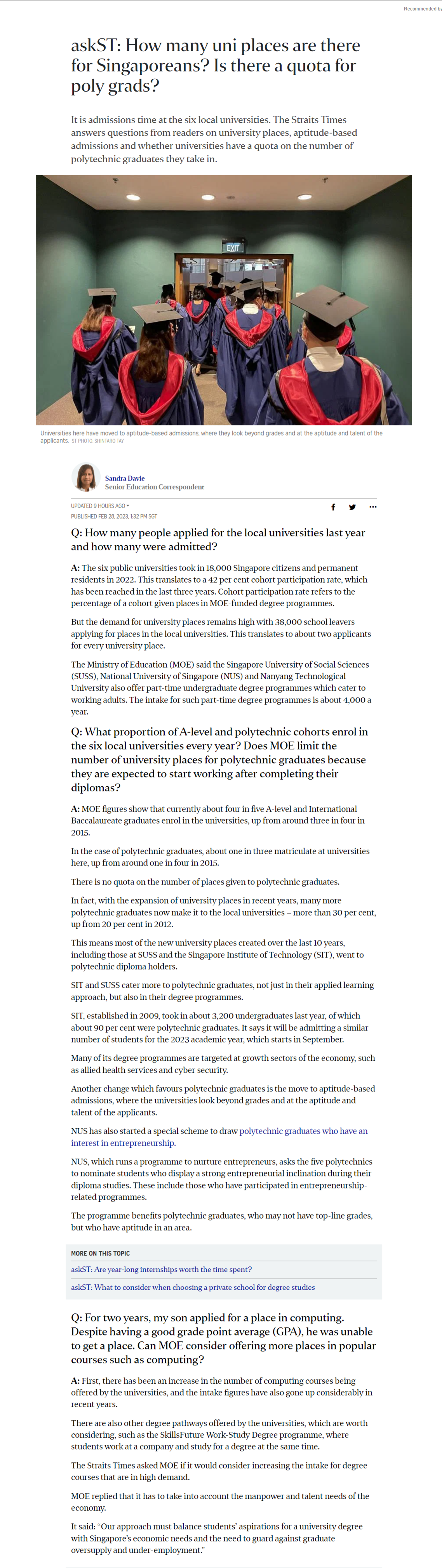 askST: How many uni places are there for Singaporeans? Is there a quota for  poly grads? | SP