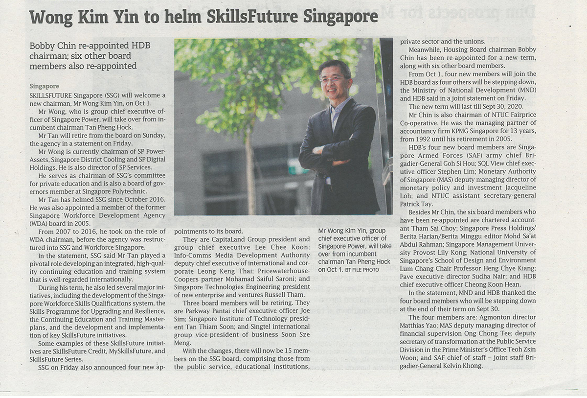 1 Oct - Wong Kim Yin to helm Skillsfuture Singapore