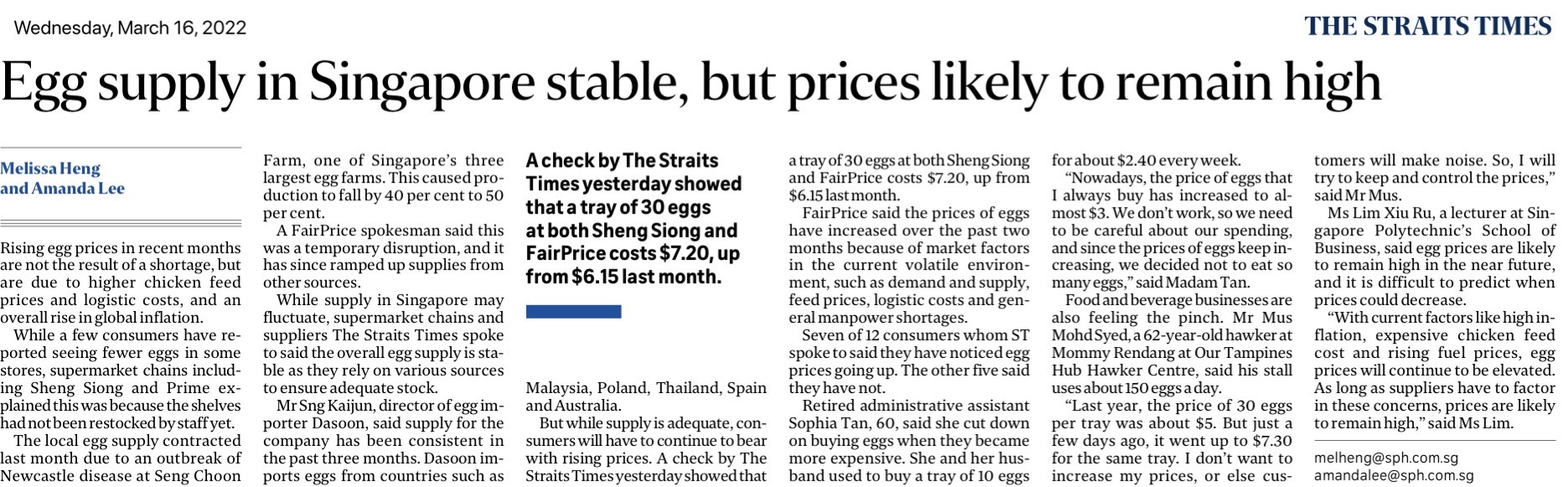 Egg supply in Singapore stable, but prices likely to remain high - ST, 16 March 2022