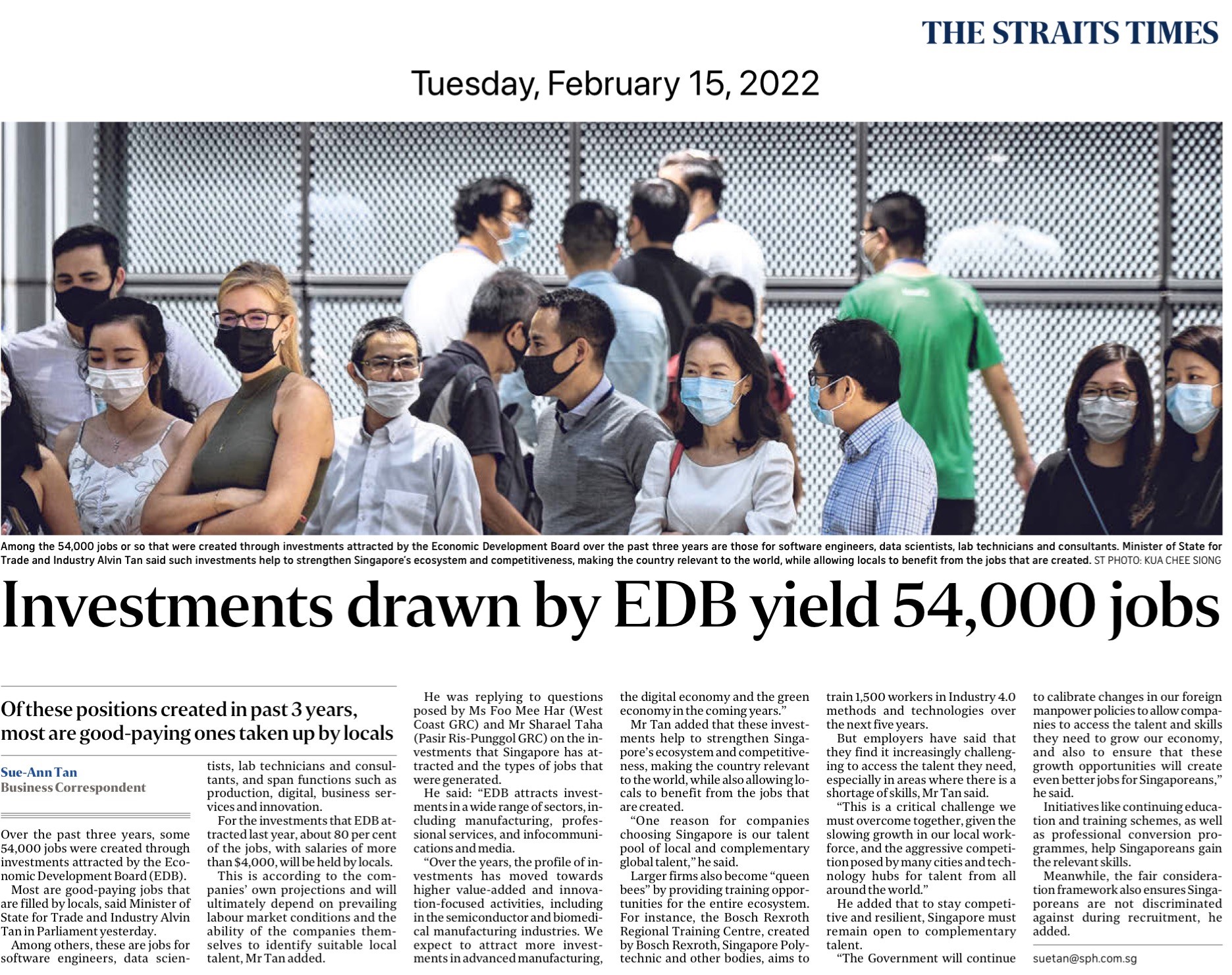 Investments drawn by EDB yield 54,000 jobs – The Straits Times, 15 February 2022