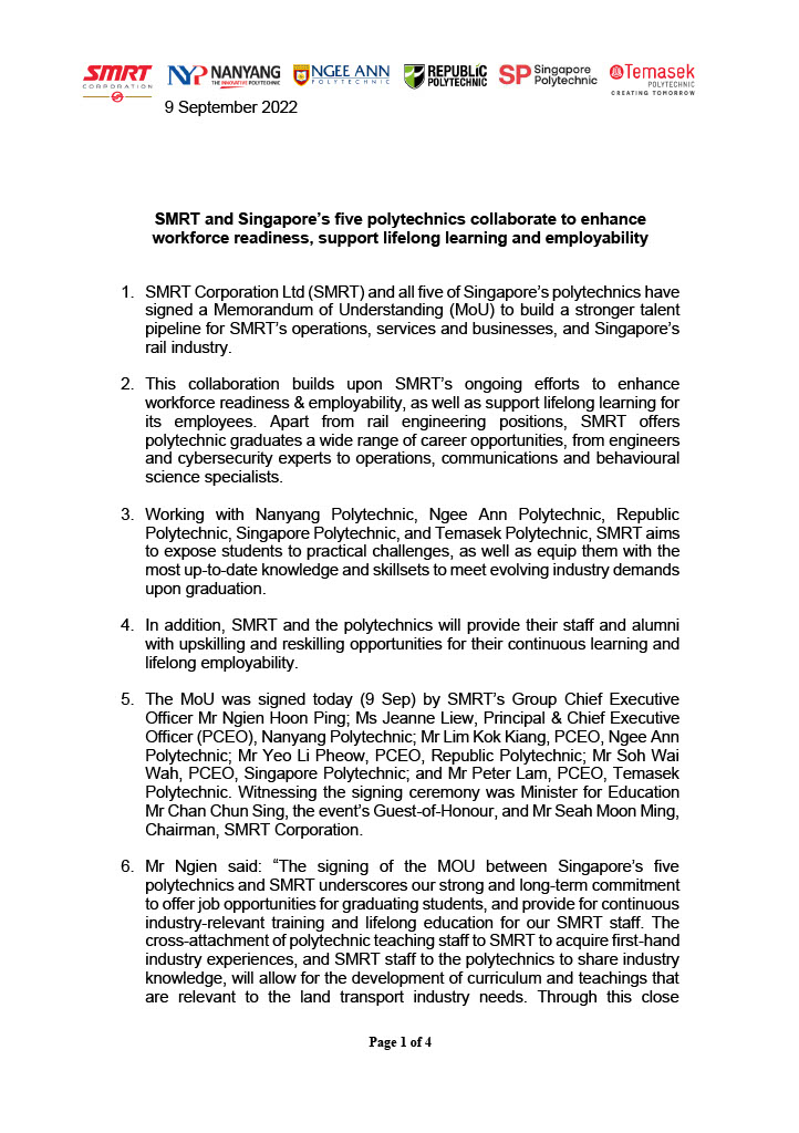 Media Release - SMRT Trains MOU with 5 Polytechnics no embargo1024_1