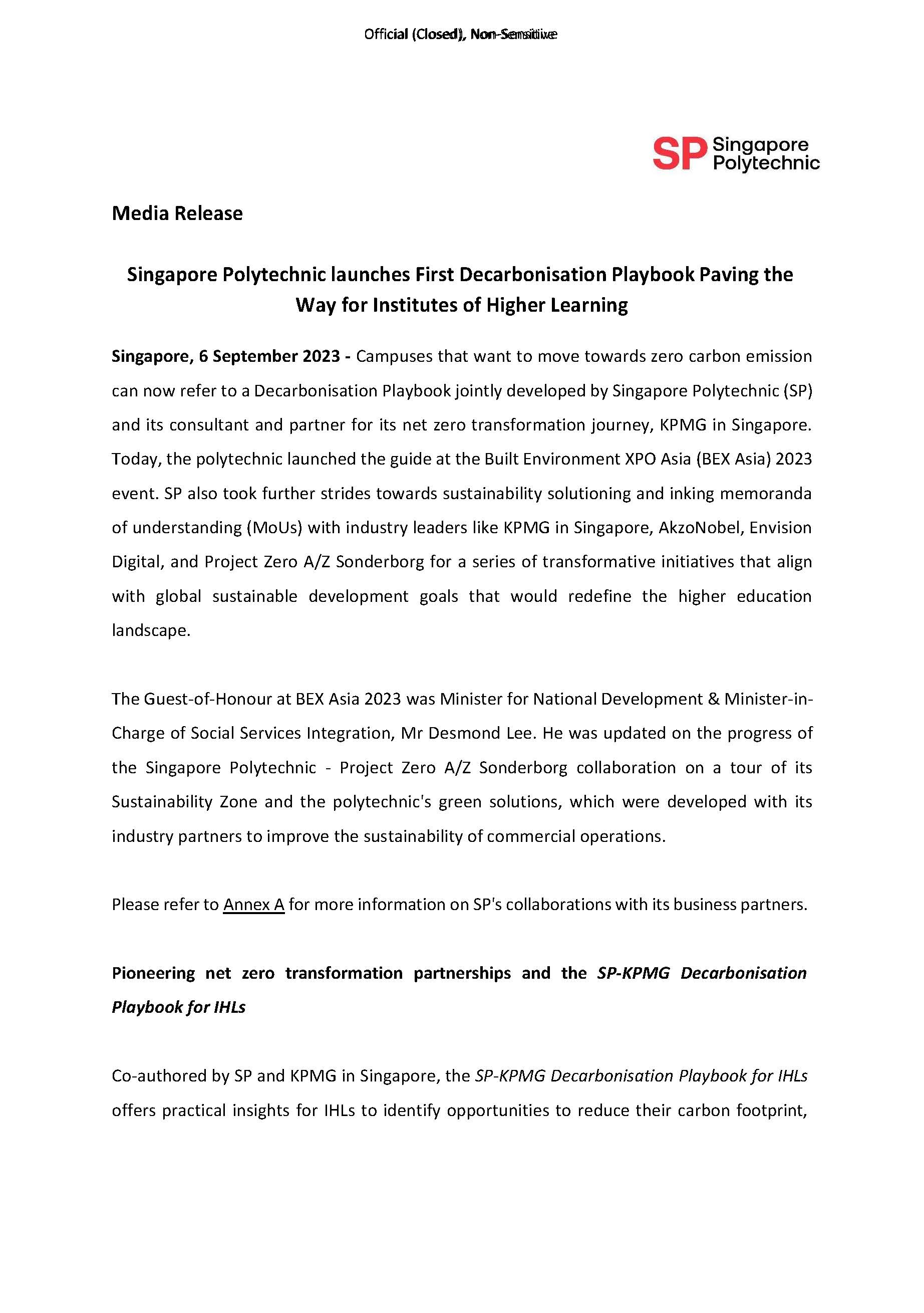 MEDIA RELEASE-Singapore Polytechnic launches First Decarbonisation Playbook here for education institutions_060923_Page_1