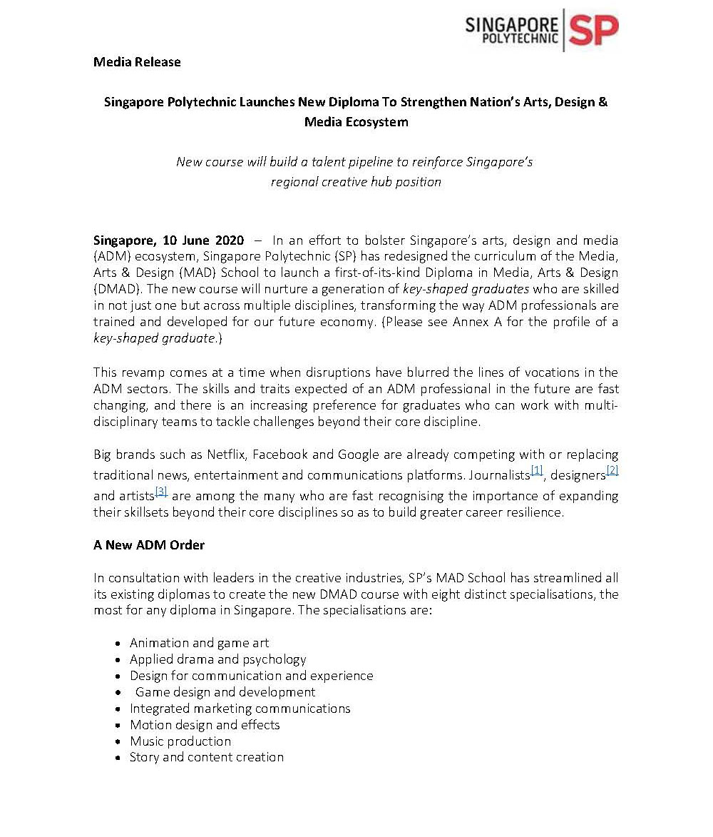 [Media Release] Singapore Polytechnic Launches New Diploma To Strengthen Nation’s Arts, Design &amp; Media Ecosystem_Page_1