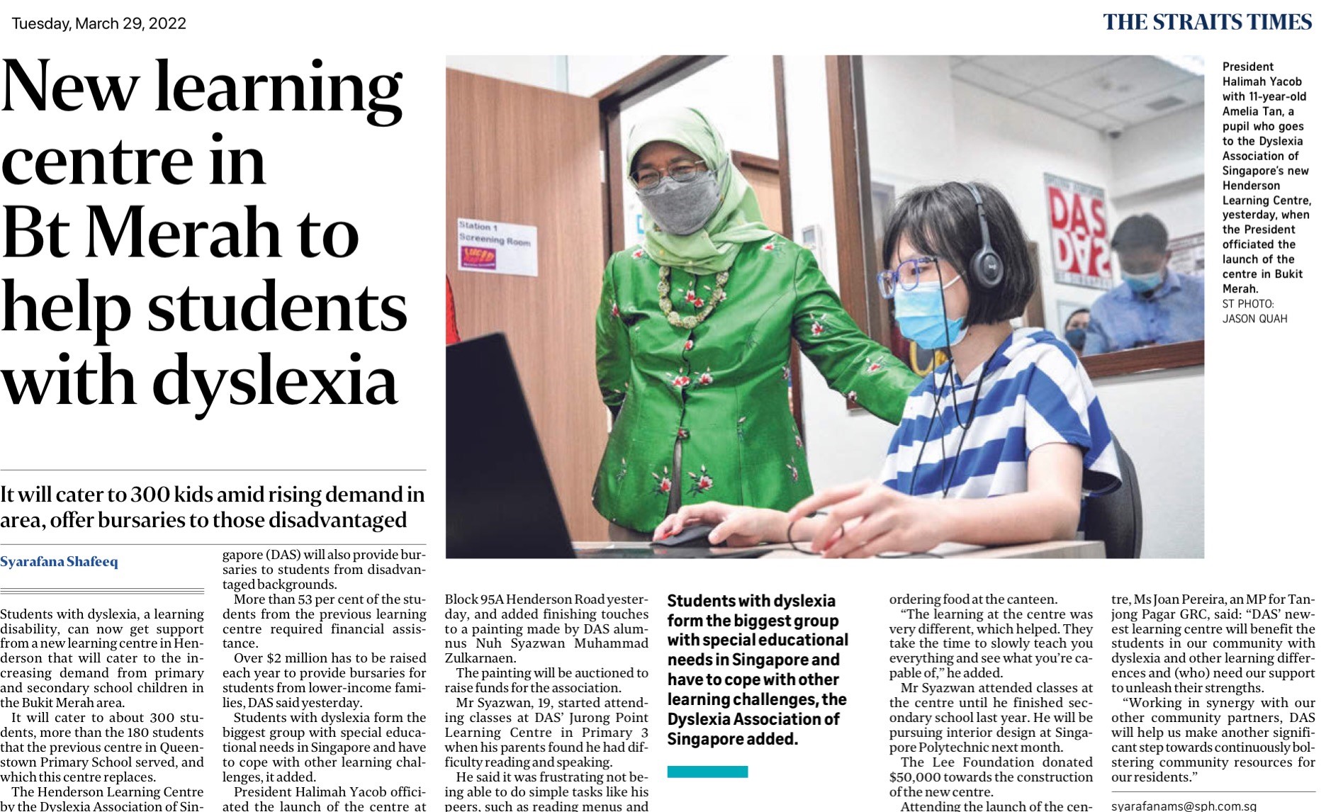 New learning centre in Bukit Merah to help students with dyslexia - ST, 29 March 2022