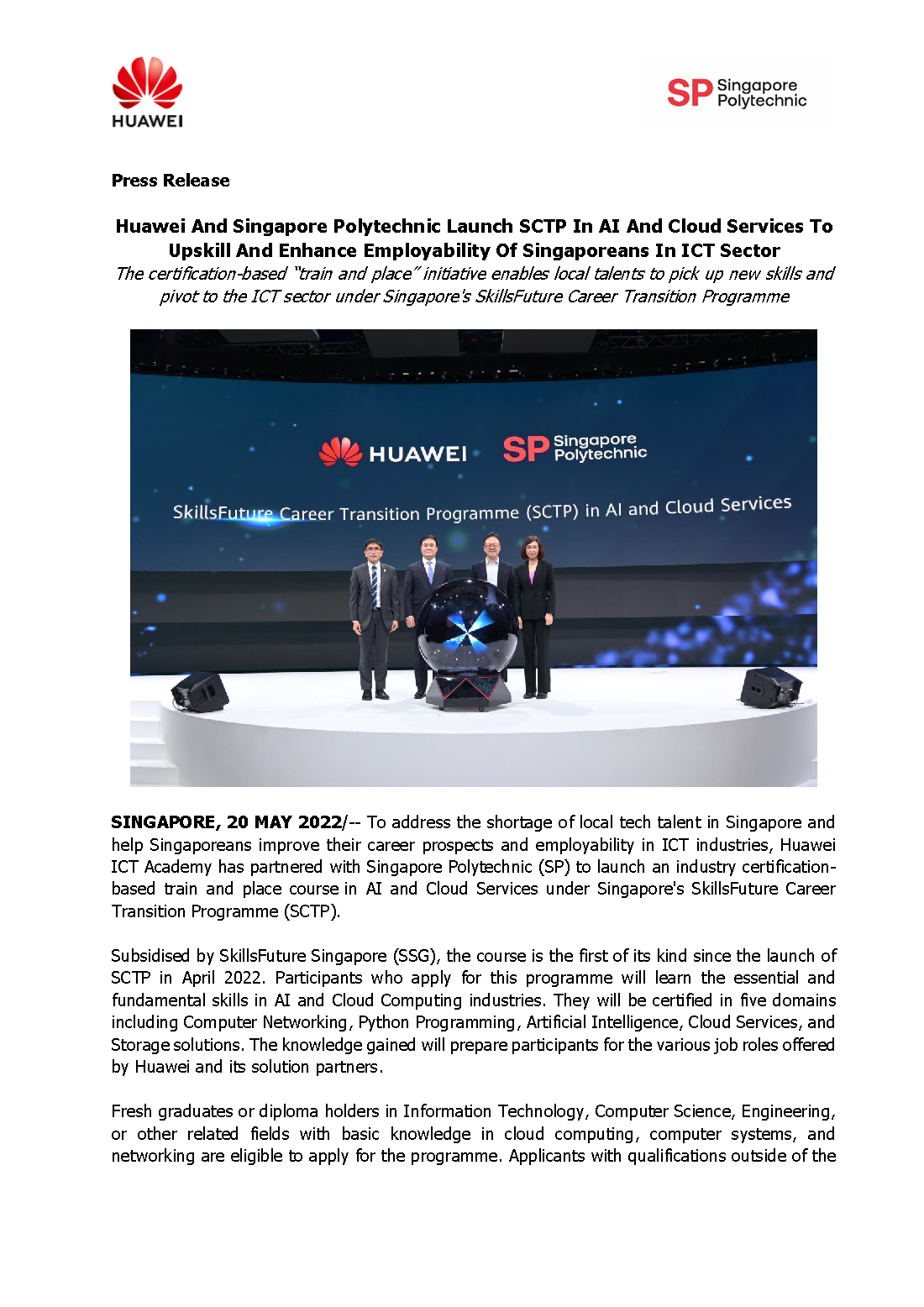 Press Release - Huawei and Singapore Polytechnic Launch AI and Cloud Services Programme to upskill and enhance employability for Singaporeans_19052022_Page_1
