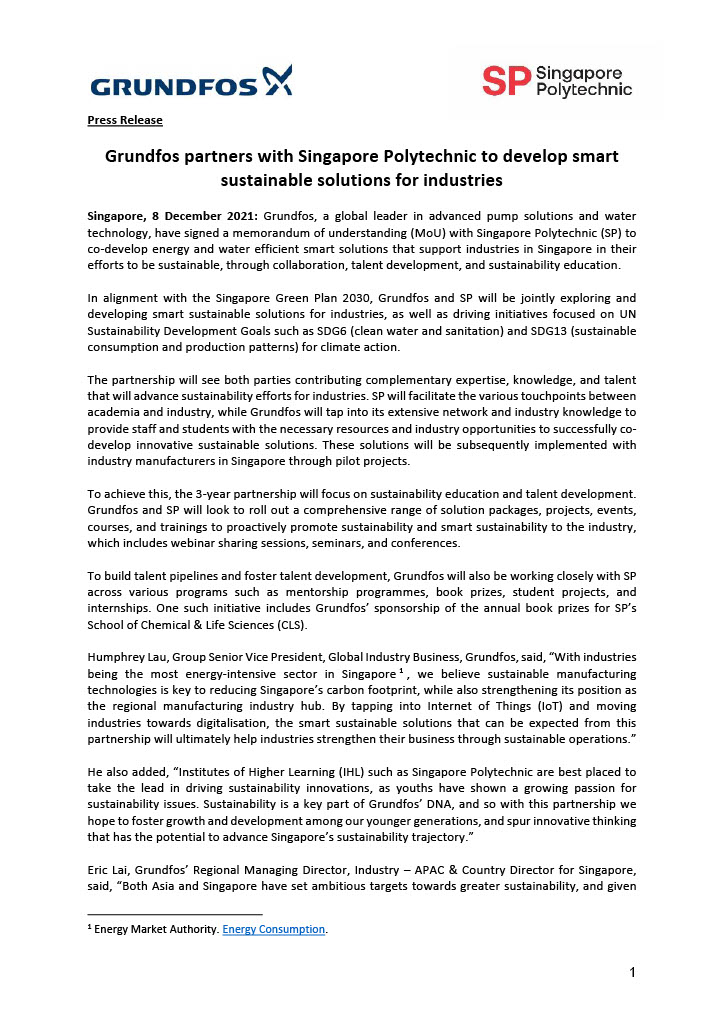 Press Release Grundfos partners with Singapore Polytechnic to develop smart sustainable solutions_24Nov10241024_1