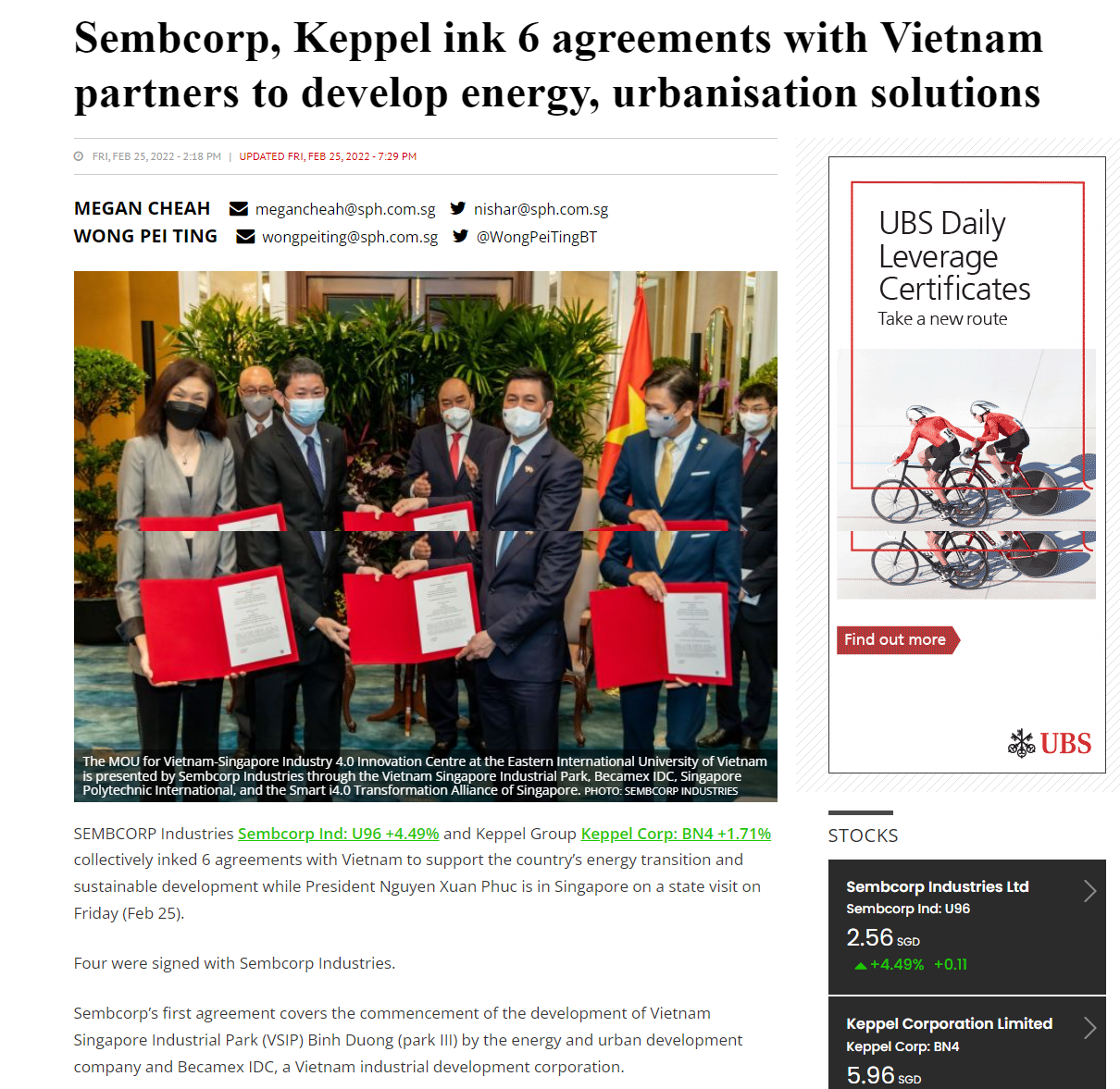 Sembcorp, Keppel ink 6 agreements with Vietnam partners to develop en_ BT, 25 Feb