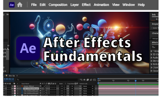 Adobe After Effects interface with a tutorial title reading "After Effects Fundamentals" over a colorful abstract composition.