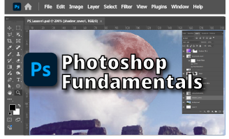 Adobe Photoshop interface with a tutorial overlay reading Photoshop Fundamentals