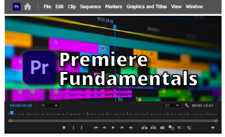 Adobe Premiere Pro interface with a tutorial titled Premiere Fundamentals displayed prominently.