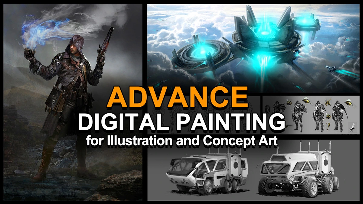 A collection of digital paintings and concept art, including fantasy characters, futuristic vehicles, and advanced mechanical designs. The collage highlights the use of digital illustration techniques