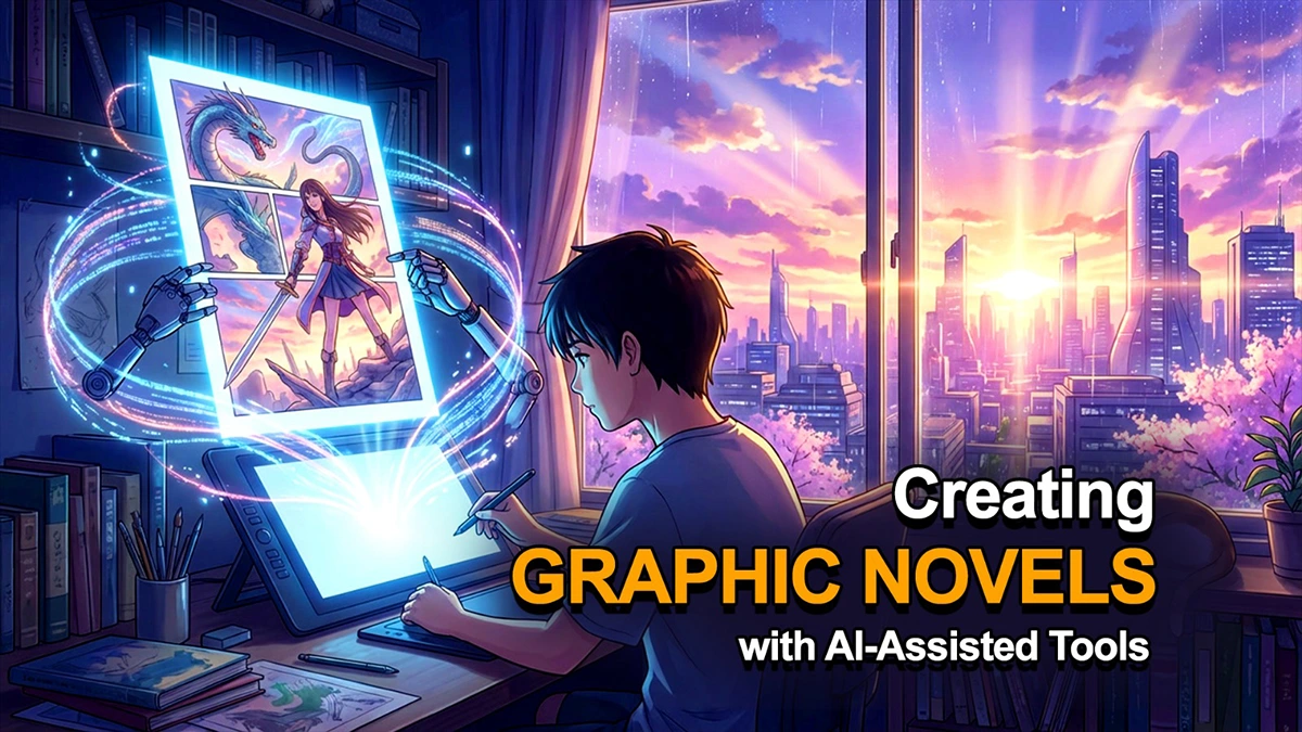 illustration shows a young artist creating a digital artwork of a fantasy character wielding a sword, with a dragon in the background, while using AI-assisted tools