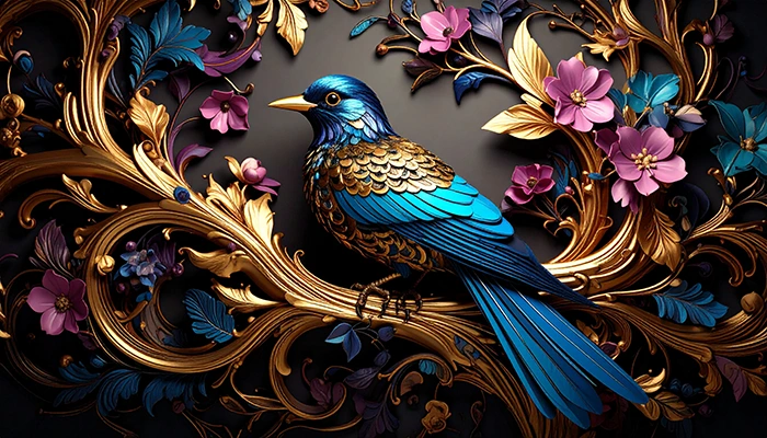 AI artwork depicts a vivid blue bird with intricate golden feather patterns perched on an ornate, floral branch. The composition blends realistic textures with fantastical elements, creating a richly detailed and decorative scene.