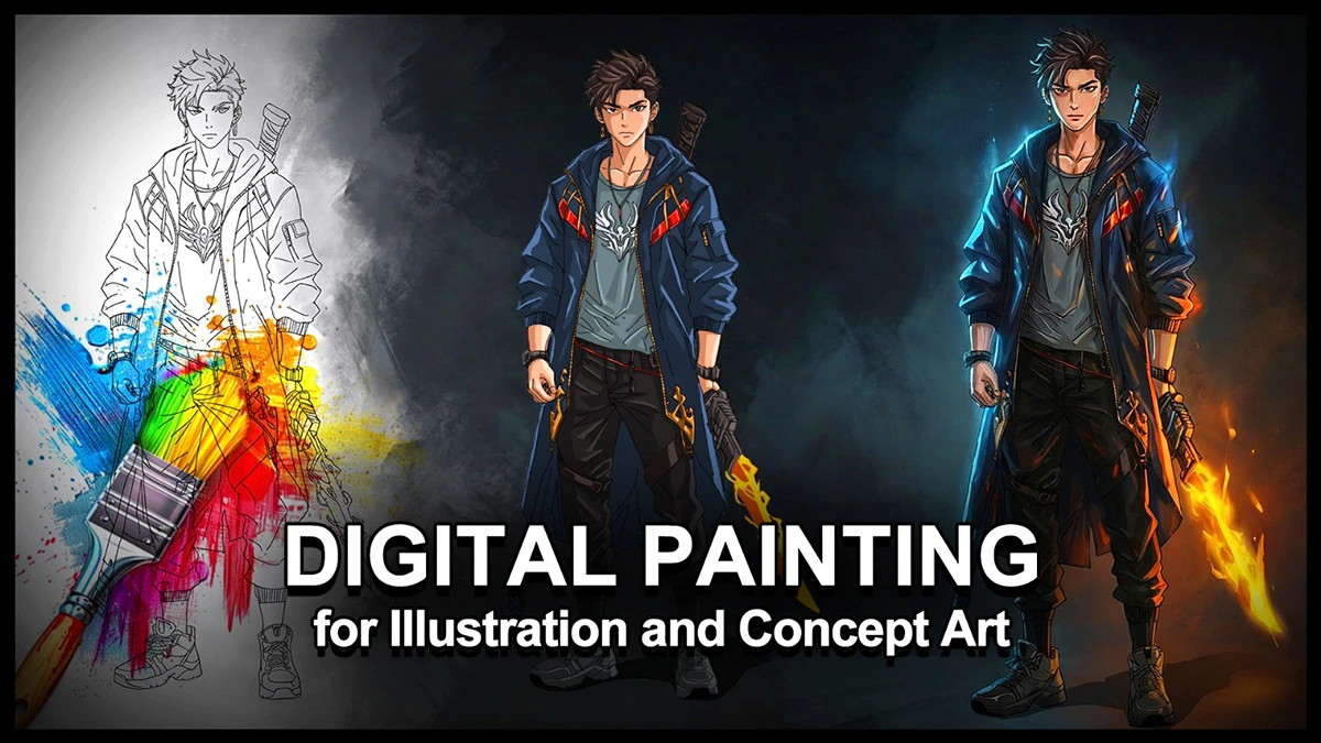 digital painting of a stylized male character in three different artistic styles, ranging from a clean line art sketch to a colourful watercolour effect and a detailed digital render.