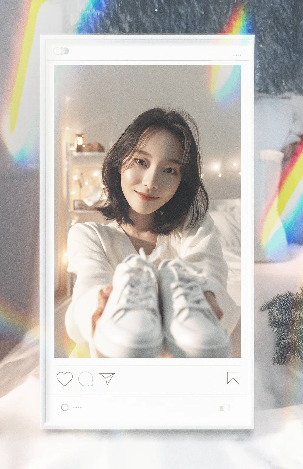 AI photograph captures a person holding a pair of white sneakers in a softly lit room decorated with string lights and a cozy bed in the background