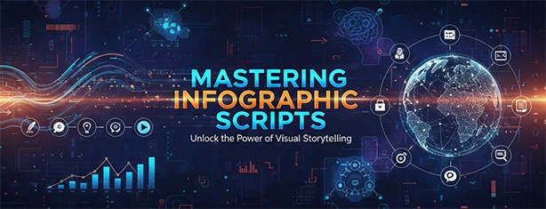 Graphic features bold typography and a futuristic design with global and data visualization elements. The tagline encourages viewers to "Unlock the Power of Visual Storytelling,"