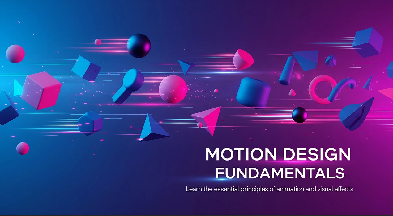a vibrant abstract background of floating geometric shapes in shades of blue, pink, and purple, accompanied by the text "Motion Design Fundamentals."