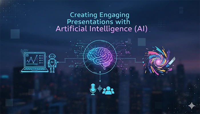digital graphic illustrates the concept of creating engaging presentations using Artificial Intelligence (AI). It features stylized icons of a brain, a robot, a microphone, and a colorful swirl, set against a futuristic cityscape background.