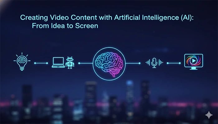 digital illustration depicts the process of creating video content using artificial intelligence, from initial idea to final screen.