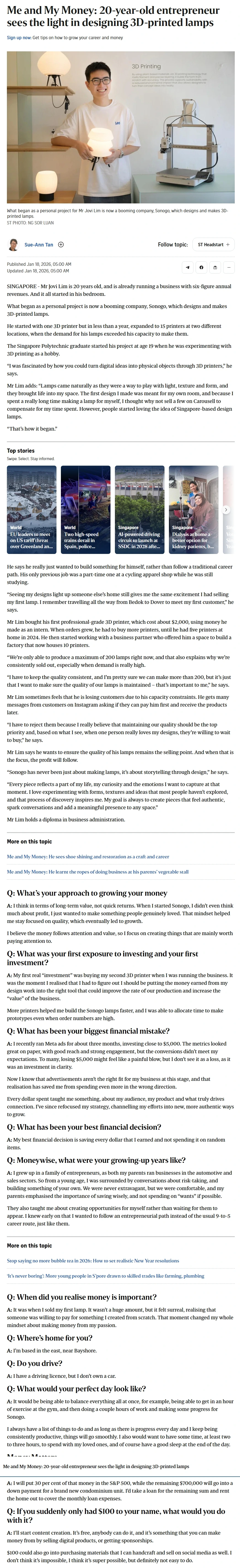 Me and My Money 20-year-old entrepreneur sees the light in designing 3D-printed lamps