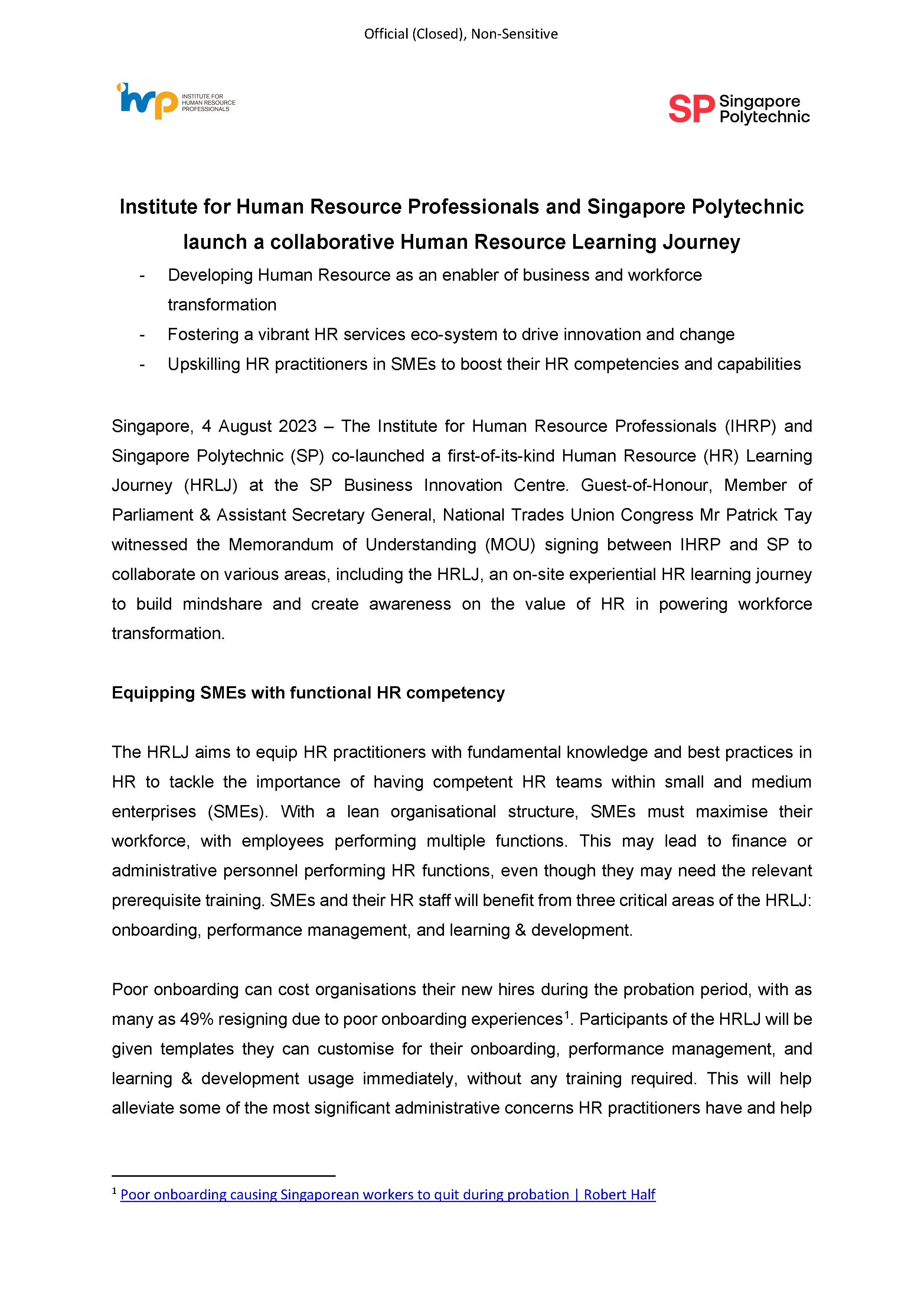 Press Release - Institute for Human Resource Professionals and Singapore Polytechnic launch a collaborative Human Resource Learning Journey_Page_1