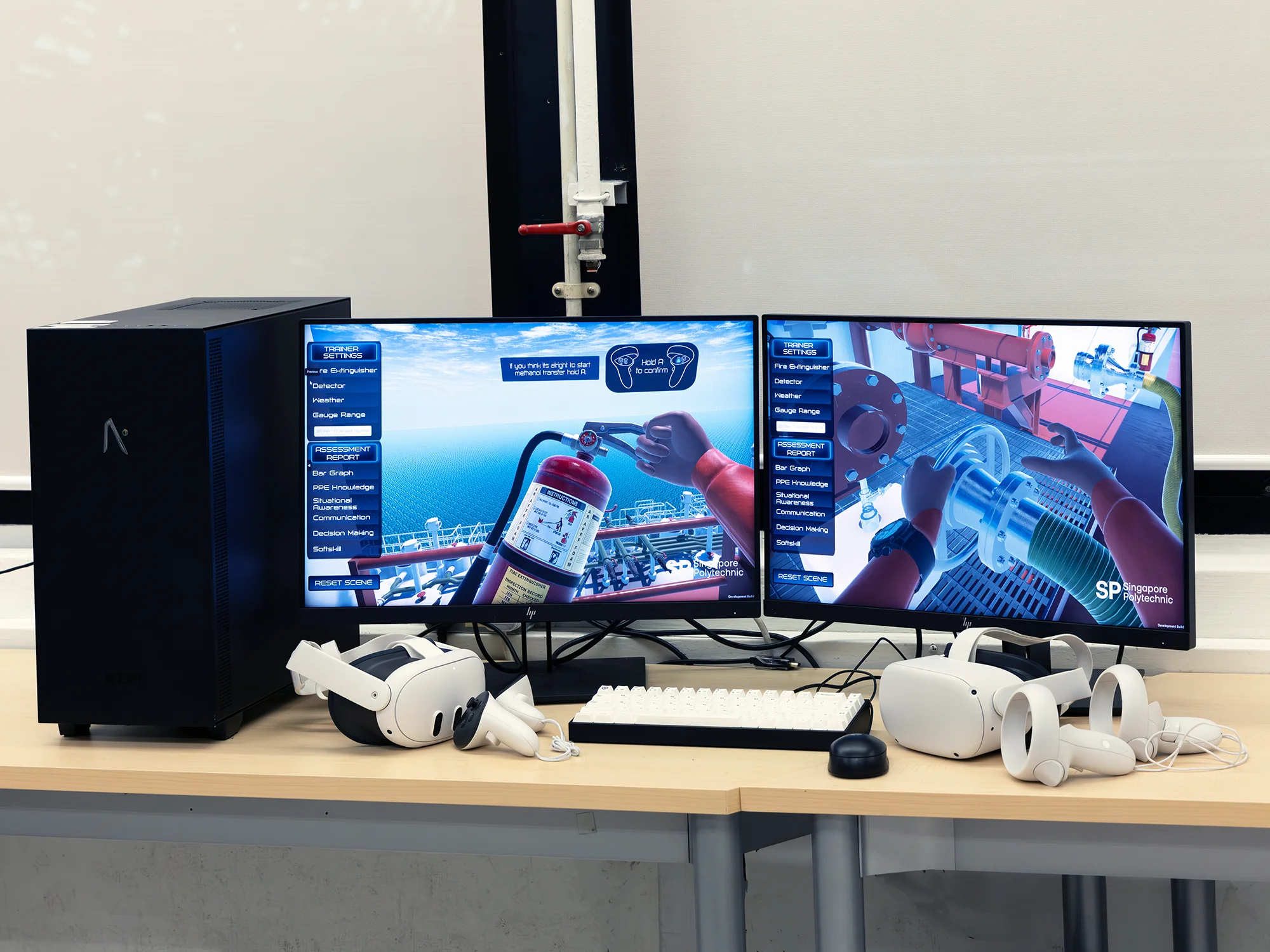 The setup consists of a PC, VR headset and controllers.