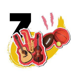 Graphic illustration of musical instruments and sports equipment